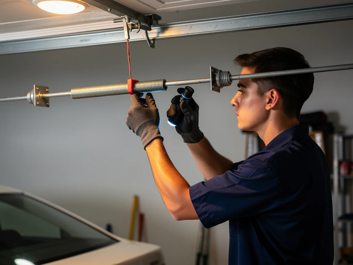 A technician in gloves inspects a garage door torsion spring with a flashlight.