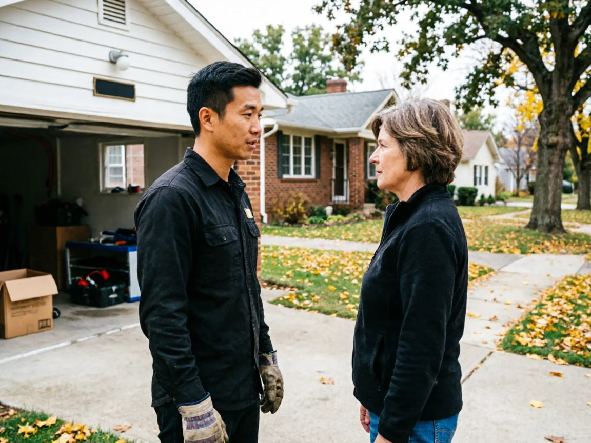 A technician and a woman stand facing each other in a driveway.