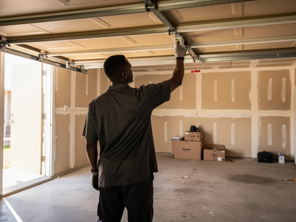 A technician in a gray shirt adjusts a garage door opener in a garage.