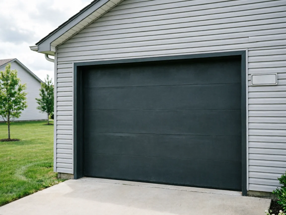 A dark gray garage door is closed on a light gray house.