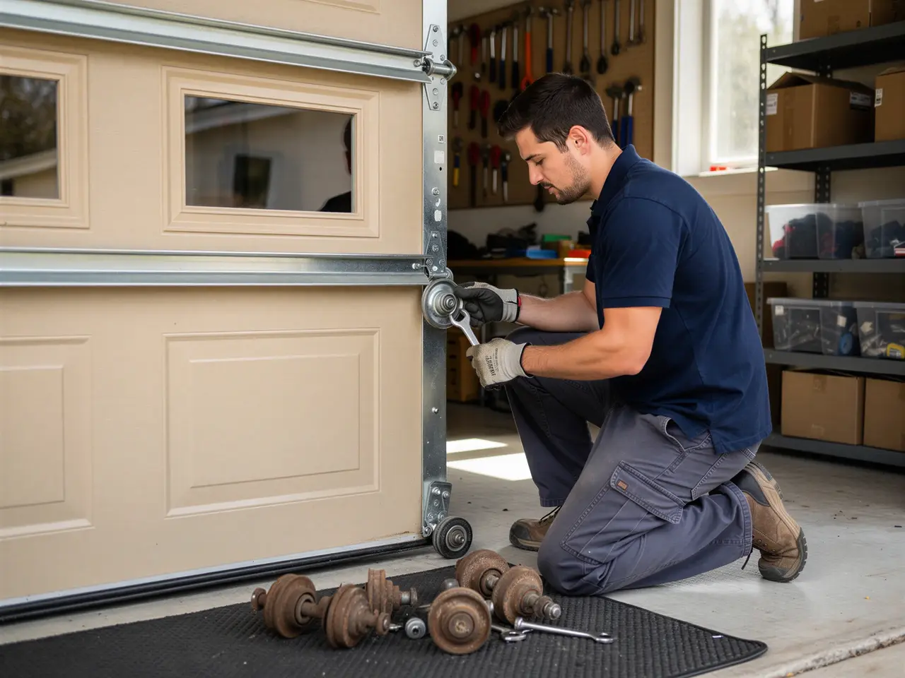 A technician kneels, repairing a beige garage door with a wrench.