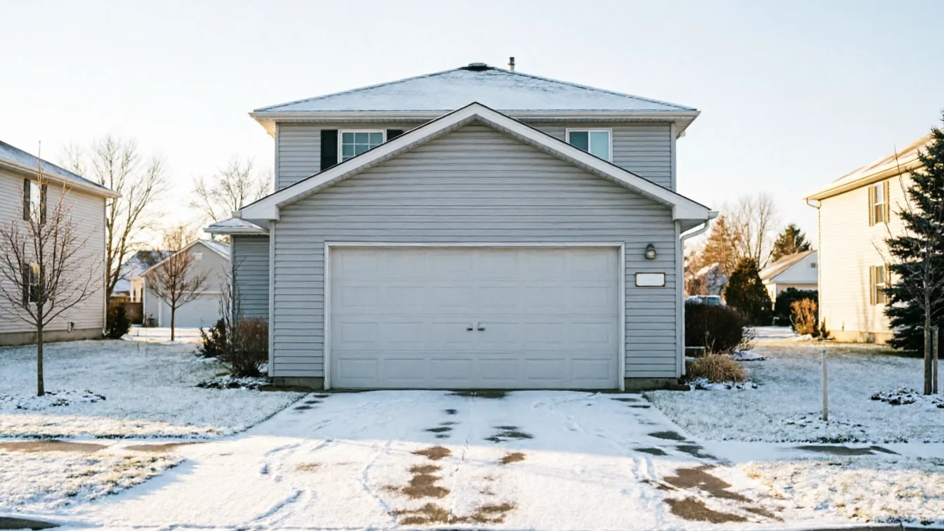 The house has a light gray garage door and siding, with snow on the roof and driveway.